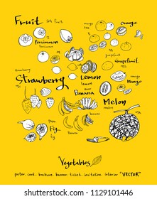 Hand drawn food ingredients - vegetable and fruit illustrations - vector