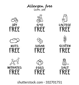 Hand drawn food intolerance collection made in scribble technique. Soy free, GMO free, lactose free, nuts free, sugar free, gluten free, nitrates free, eggs free, salt free icons.