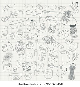 Hand drawn food items and kitchen utensils