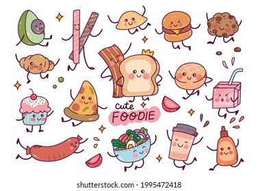 Alimentos dibujados a mano en un elemento vector de estilo Kawaii 