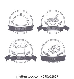 Hand drawn food labels for menu or cafe design. Doodle emblems with restaurant symbols. Vector illustration