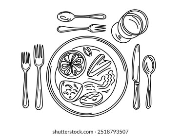 Desenhado à mão arte da linha de comida de um prato de jantar e talheres Set isolar fundo branco. Arte em linha de chapelaria, talheres e vidro