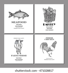 Hand drawn food logo. Engraved logo set. Vector illustration