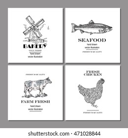 Hand drawn food logo. Engraved logo set. Vector illustration