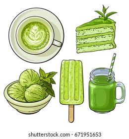 Hand drawn food with matcha green tea - ice cream, cake, drinks, sketch vector illustration isolated on white background. Hand drawn matcha tea food - ice cream, popsicle, cake, cappuccino, cocktail