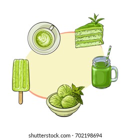 Hand drawn food with matcha green tea - ice cream, cake, drinks, sketch vector illustration with space for text.