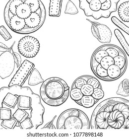 Hand drawn Food menu background. Middle eastern food. Oriental sweets vector illustration. Linear graphic. Monochrom vector illustration.