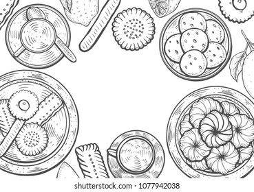 Hand drawn Food menu background. Middle eastern food. Oriental sweets vector illustration. Linear graphic. Monochrom vector illustration.