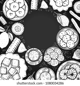 Hand drawn Food menu background. Middle eastern food. Oriental sweets vector illustration. Linear graphic. Monochrom vector illustration.