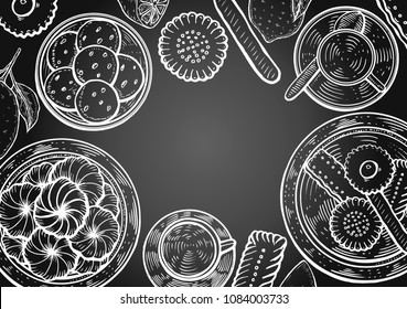Hand drawn Food menu background. Middle eastern food. Oriental sweets vector illustration. Linear graphic. Monochrom vector illustration.