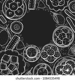 Hand drawn Food menu background. Middle eastern food. Oriental sweets vector illustration. Linear graphic. Monochrom vector illustration.