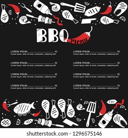 Hand drawn food menu concept. Grill and barbecue restaurant design: text, fork, pepper, texture, meat, shrimps, grill, sauce, ketchup, sausage, fish, lemon, chicken, kebab.