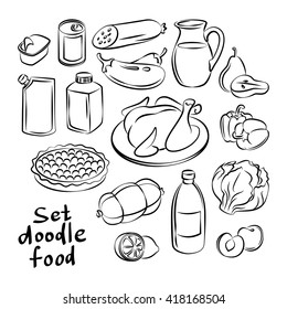 Hand drawn food objects. Freehand doodles food collection. Sketchy vector icons