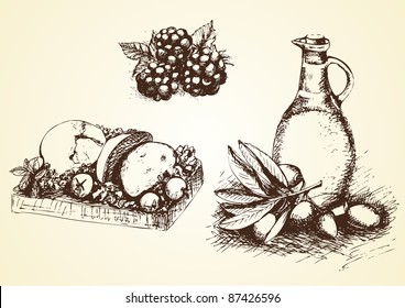 hand drawn food: olive oil, mozzarella, blackberry