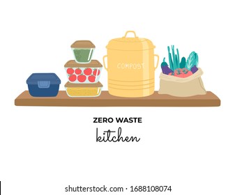 Hand drawn food on the wooden shelf. Vegetables, compost bin and container on a white background, isolated zero waste concept. Vector illustration in flat cartoon style.