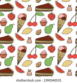 Hand drawn  food pattern. Cute vector food collection. Food cartoon background
