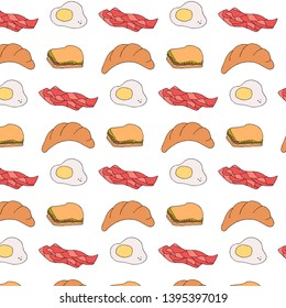 Hand drawn food pattern of  sandwich, bacon, egg, croissant. Fast food vector background. Color food wallpaper.