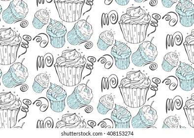 Hand drawn food pattern.Vector seamless cupcakes pattern in blue and white colors.Bakery background.