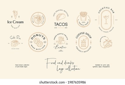 Hand drawn food pre-made logo design template collection. Graphic icon symbol for cafe, restaurant, cooking business. Modern minimal line art label, emblem, badge. Branding design template.