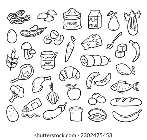 Iconos de productos alimenticios hechos a mano. Productos de compras de Doodle para diseños de menú y empaque de alimentos. Comer conjunto de ilustraciones vectoriales. Verduras y frutas, pan y carne como salchichas y pollo