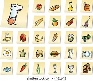 hand drawn food and restaurant icons on the memo papers