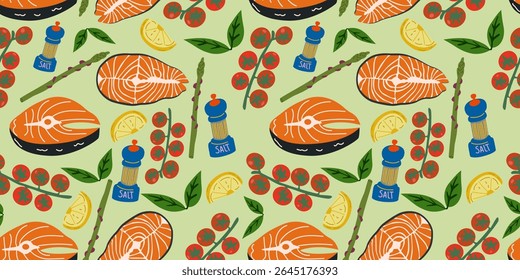 Hand drawn food seamless pattern. Mediterranean background for wallpaper, textile, fabric, wrapping paper. Salmon steak, asparagus, cherry tomato, lemon