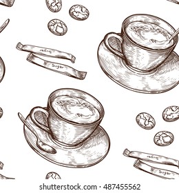 Hand Drawn food seamless pattern, Cup (mug) of hot drink (coffee, tea etc), oat cookies and packaging sugar. vector 