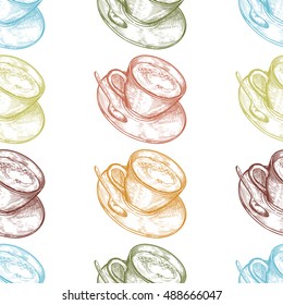 Hand Drawn food seamless pattern, Cup (mug) of hot drink (coffee, tea etc). Coffee cup, tea cup vector 
