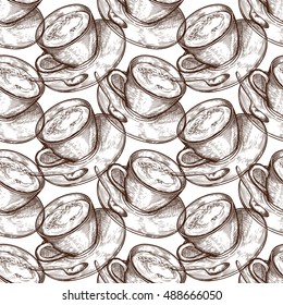 Hand Drawn food seamless pattern, Cup (mug) of hot drink (coffee, tea etc). Coffee cup, tea cup vector 