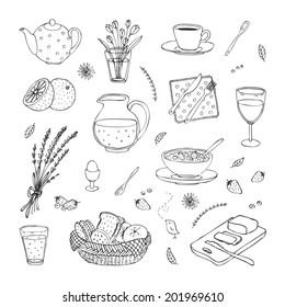 hand drawn food set for breakfast