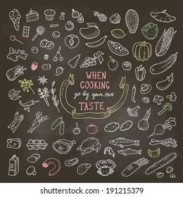 Hand Drawn Food Set, Chalk Icons. Vector Illustration, Eps10.