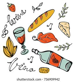 Hand drawn food set. Illustration of graphic elemnts in vector format. Vino is wine in Italian language