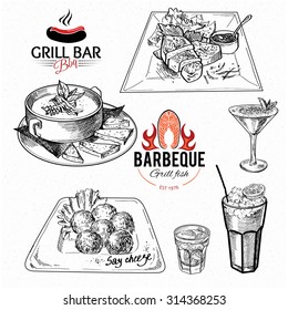 hand drawn  food set with label for grill bar