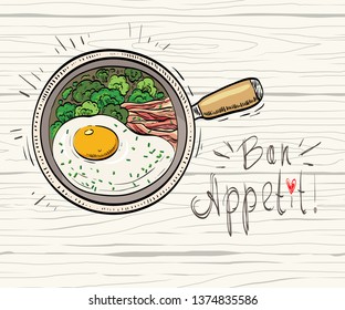 Hand drawn food sketch with omelet broccoli and bacon on the pan. Cartoon colored illustration. Top view. All decorative elements are located on different layers.