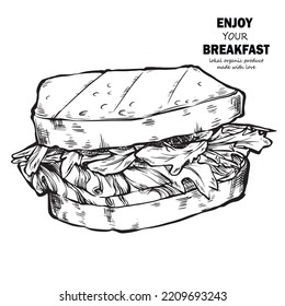 Hand drawn food sketch of sandwich, toasted clubsandwiches. Black and white vintage illustrations