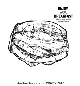 Hand drawn food sketch of sandwich, toasted clubsandwiches. Black and white vintage illustrations