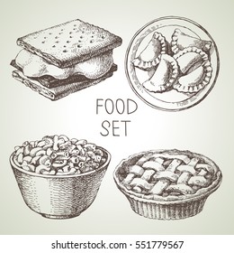 Hand Drawn Food Sketch Set Of Apple Pie Dessert, Smores Wafer Crackers, Macaroni And Cheese, Homemade Pierogi Dumplings. Vector Black And White Vintage Illustrations