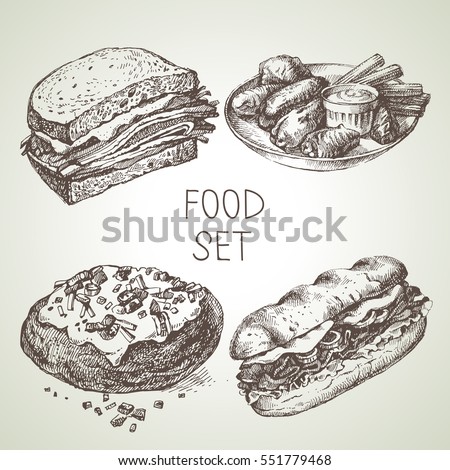 Hand drawn food sketch set of steak sub sandwich, buffalo chicken wings, backed potato, beef sandwich. Vector black and white vintage illustrations