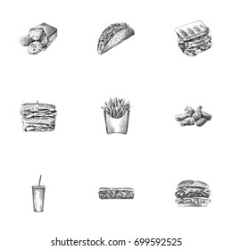 Hand Drawn Food Sketches Set. Collection Of Cheeseburger, Grill, Fried And Other Sketch Elements.