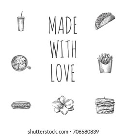 Hand Drawn Food Sketches Set. Collection Of Potato, Mexican Food, Pizza On Plate And Other Sketch Elements.