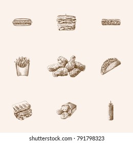 Hand Drawn Food Sketches Set. Collection Of Burger, Sandwich, Fried Sketch Elements.