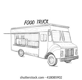 Hand drawn food truck. Delivery service sketch