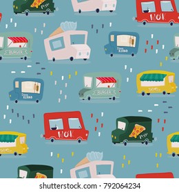 Hand drawn food trucks. Colored vector seamless pattern. Blue background