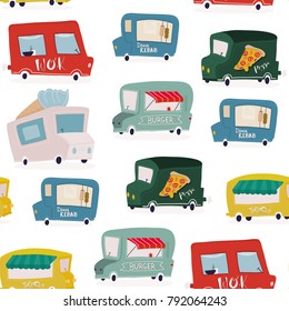 Hand drawn food trucks. Colored vector seamless pattern