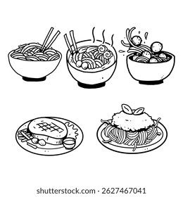Hand Drawn Food Vector Set. Noodles, Ramen, Meatballs, Steak And Pasta Illustrations.