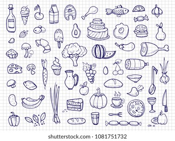 Hand drawn food, vegetables, drinks, snacks, fast food doodle vector icons. Illustration of delicious cheese and eggs, candy and pizza