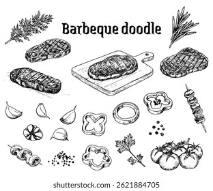 Comida desenhada à mão vintage doodle estilo com churrasco churrasco churrasco legumes fritos carne bife vetor Ilustração