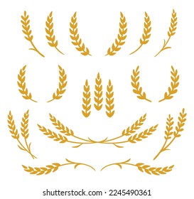 Hand drawn food wheat stalks, oats, rye grain spikes with leaves, bunch icons set silhouette