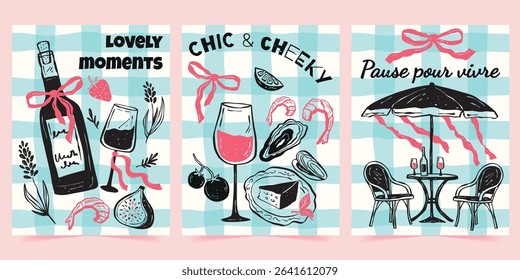 Hand drawn food and wine posters. Doodle of Mediterranean cuisine with text quote. Template with seafood, vegetables, cafe drinks, fruits, oysters, cheese and lavender. Vector set