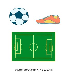 Hand drawn football equipment. Soccer field, ball, shoes. Vector illustration of sport stadium, cleats, ball isolated on white.